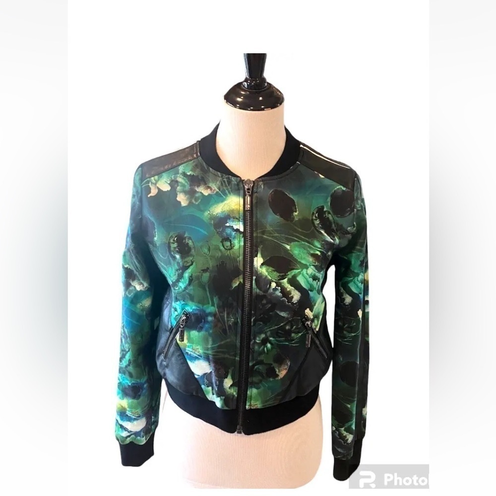 Womens Stella & Jamie Size XS Bomber Jacket Green Black Floral Designer Pocket
